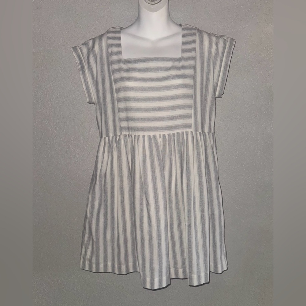 Altar’d State Women’s Ivory Gray Striped Babydoll Dress Medium W Pockets EUC